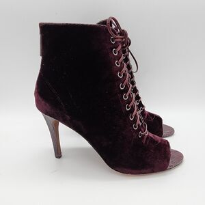 Donald Pliner Velvet Peep Toe Lace Up Bootie 8M Burgundy Ankle Witchy Whimsigoth
